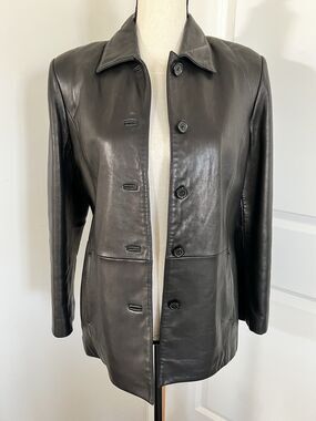 Petite Sophisticate Genuine Leather Jacket Button Front Black Small Petite EUC